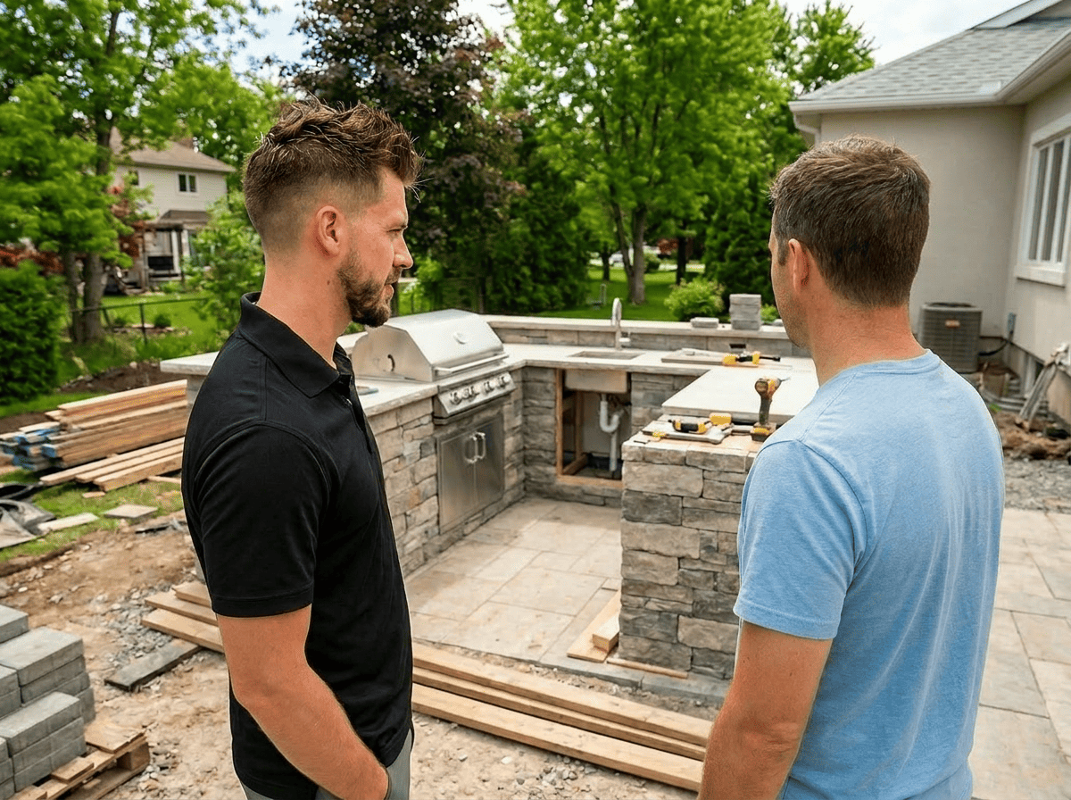 Two men reviewing a backyard outdoor kitchen and paver patio project under construction