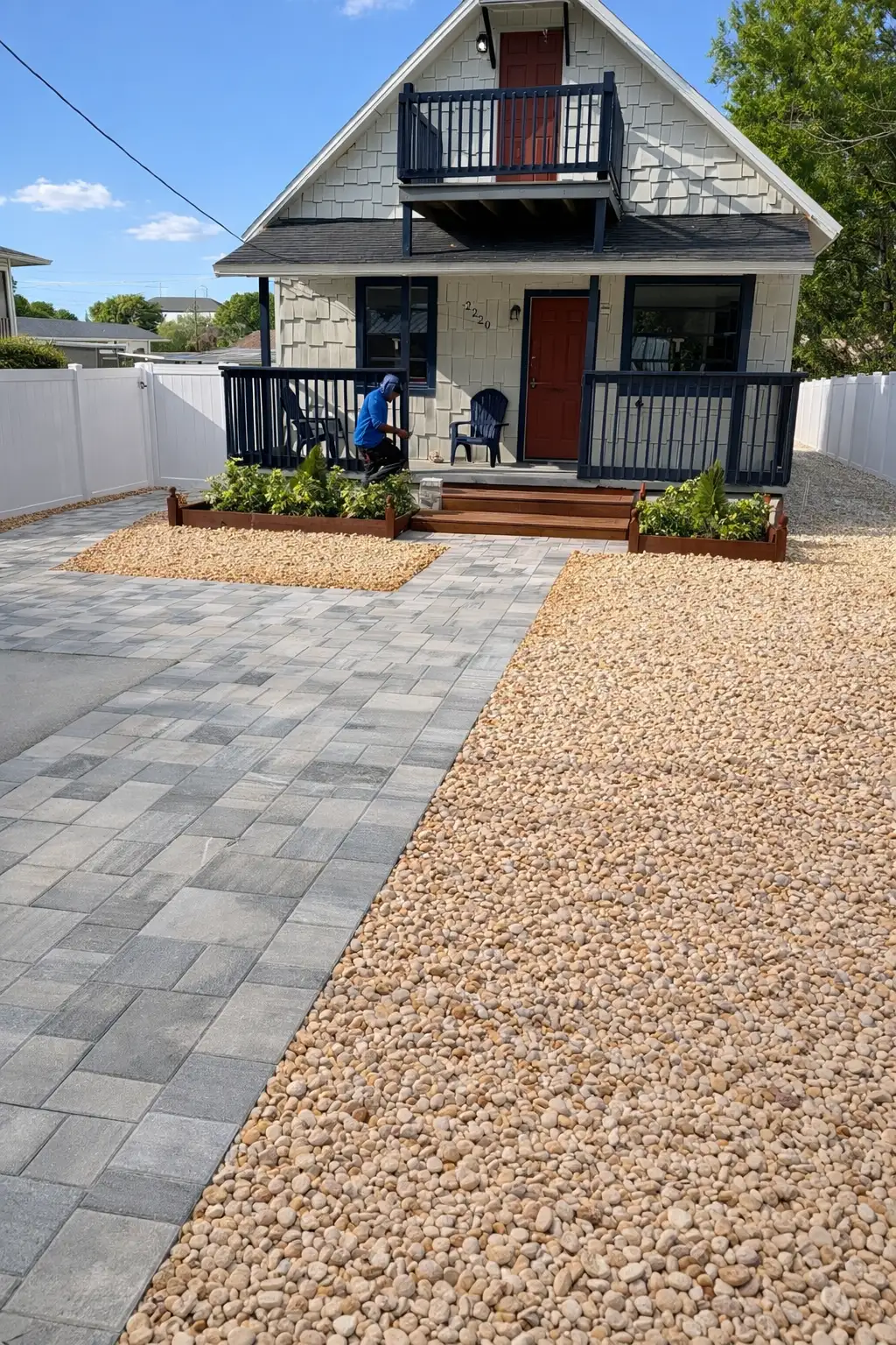 Gray paver walkway leading to a house with beige walls and a red door, flanked by pebble-covered ground and raised garden beds, with a man kneeling near the porch steps.