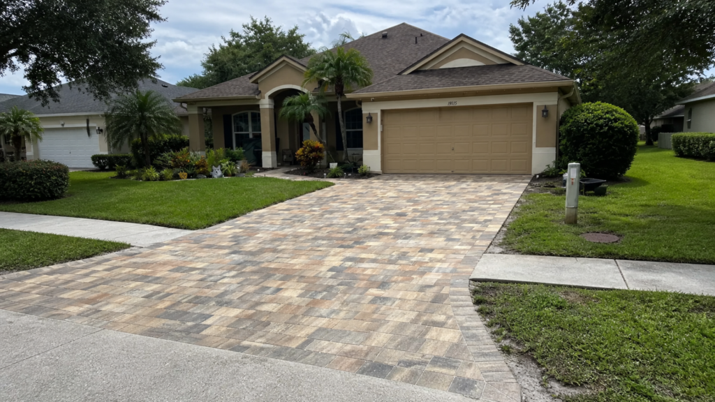 basket weave driveway pavers at a completed Dr Pavers Design project
