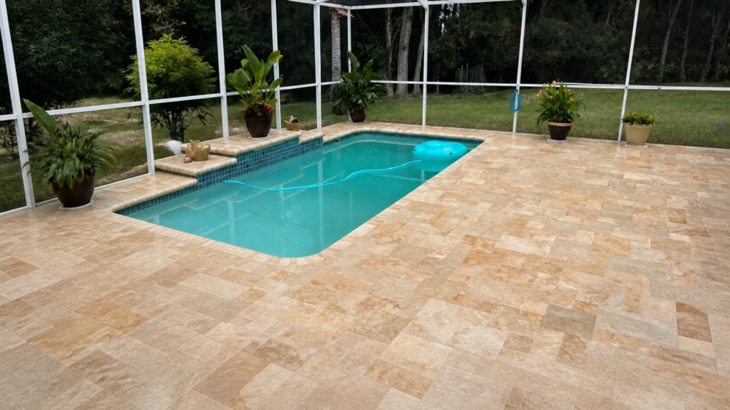 water around pool decks at a completed Dr Pavers Design project