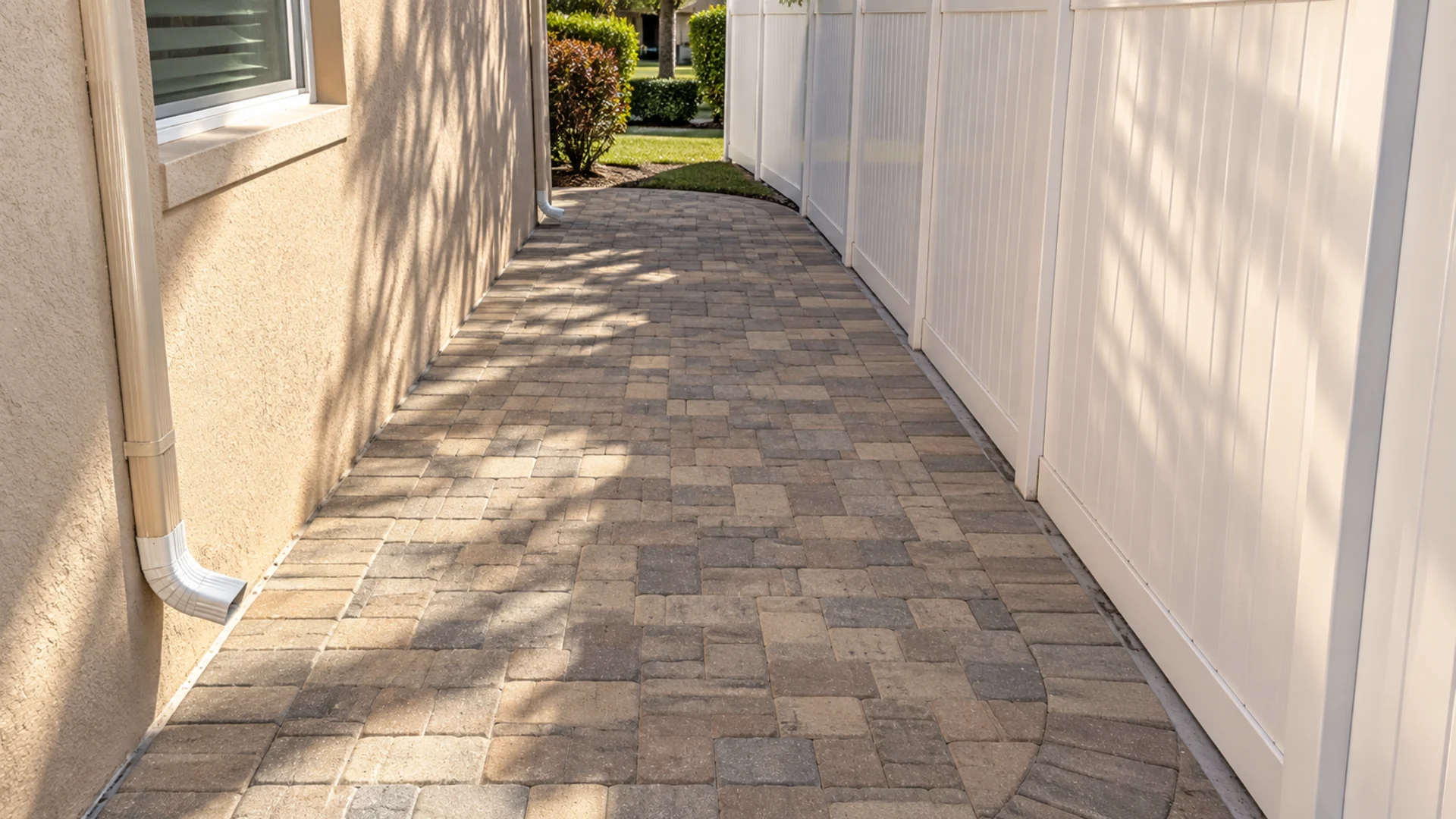 narrow paver side yard at a completed Dr Pavers Design project