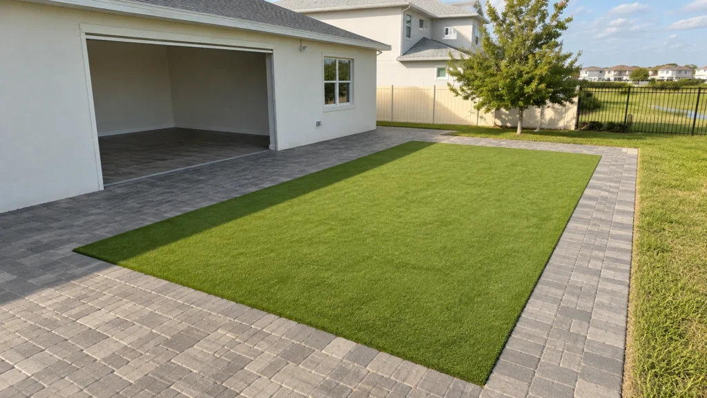 turf edge separation at a completed Dr Pavers Design project