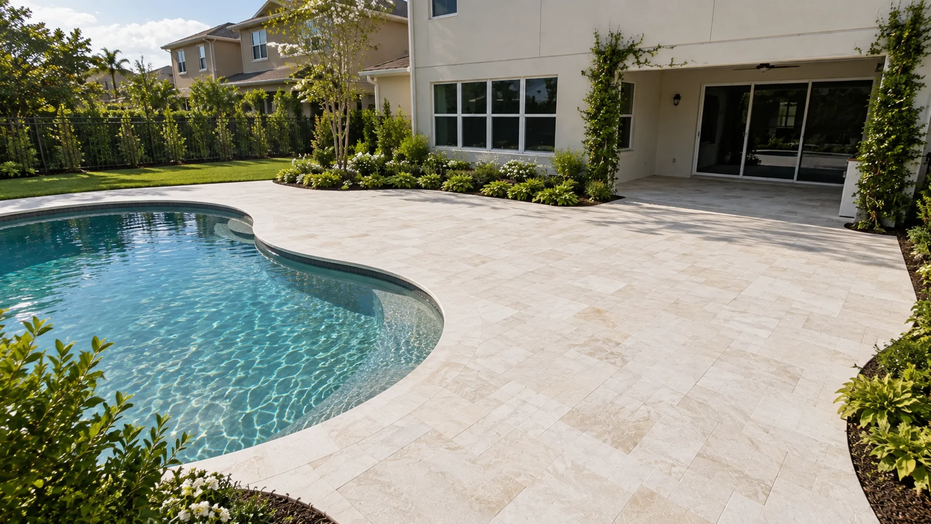stone pool deck joints at a completed Dr Pavers Design project